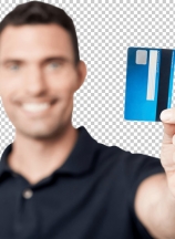 Young man displaying his debit card to camera